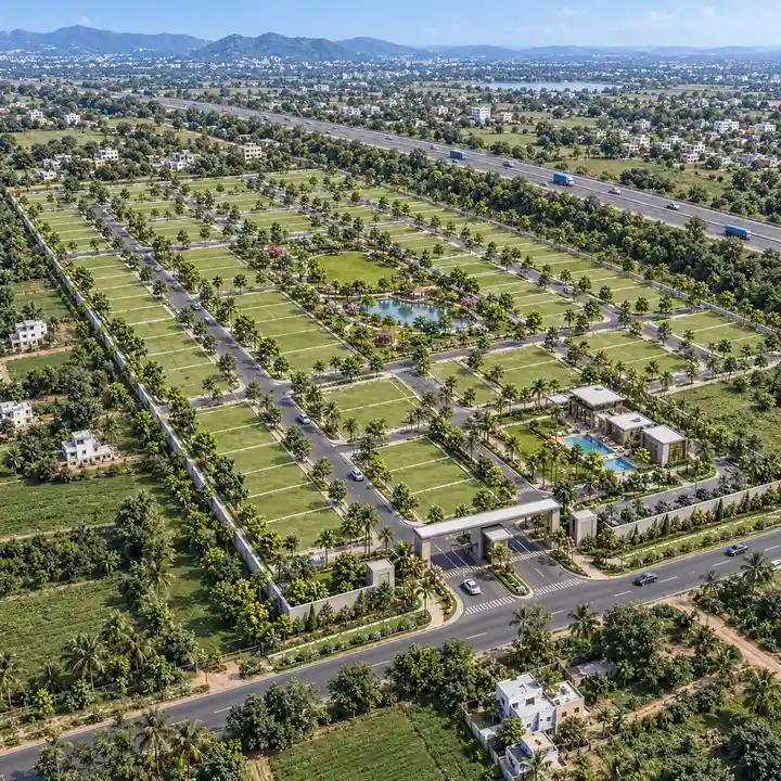 Concorde Doddaballapur aerial view of a long plotted layout with a central park, a clubhouse cluster and a ring-road bypass beyond, artist's impression