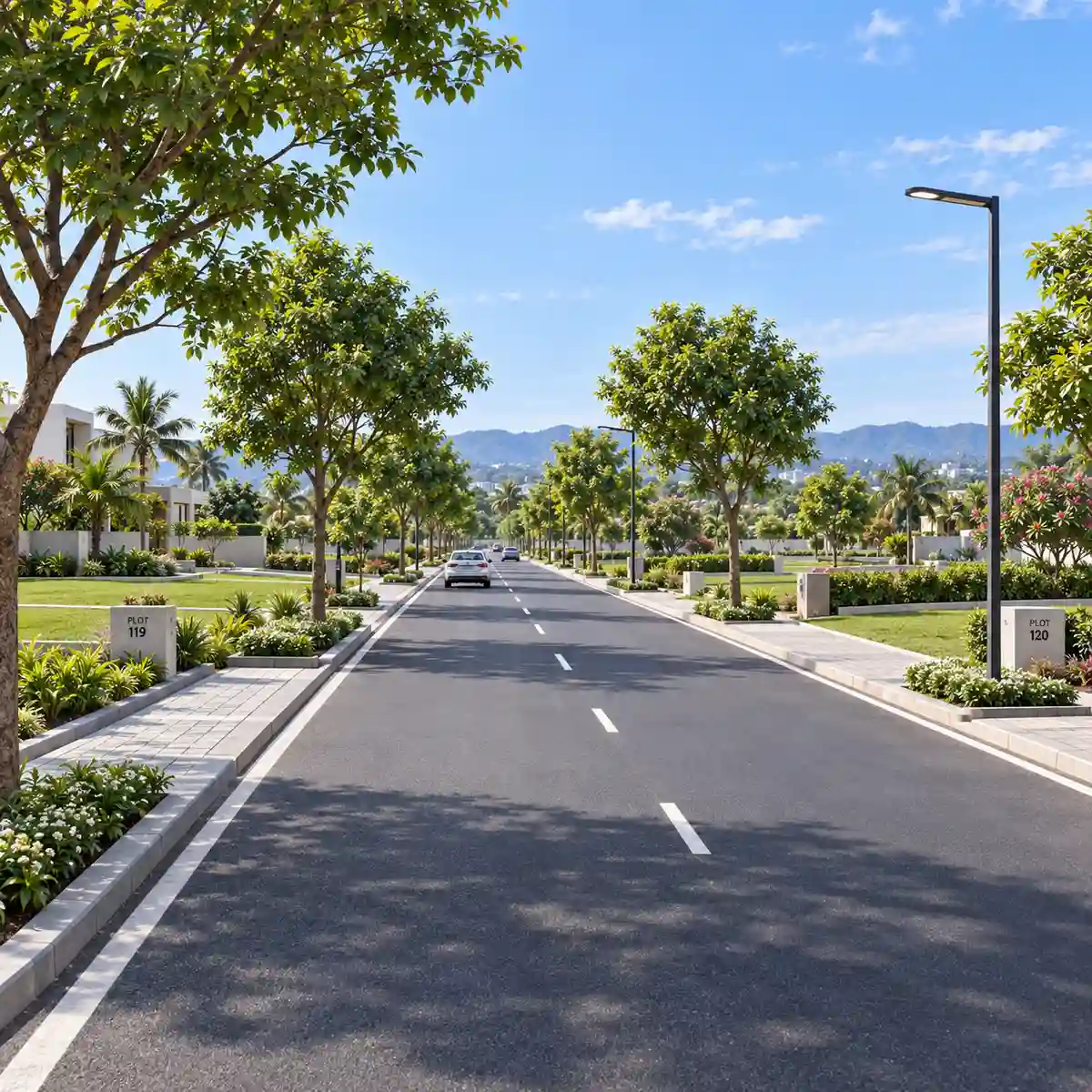 Concorde Doddaballapur wide internal boulevard with avenue trees, footpaths and street lights, artist's impression