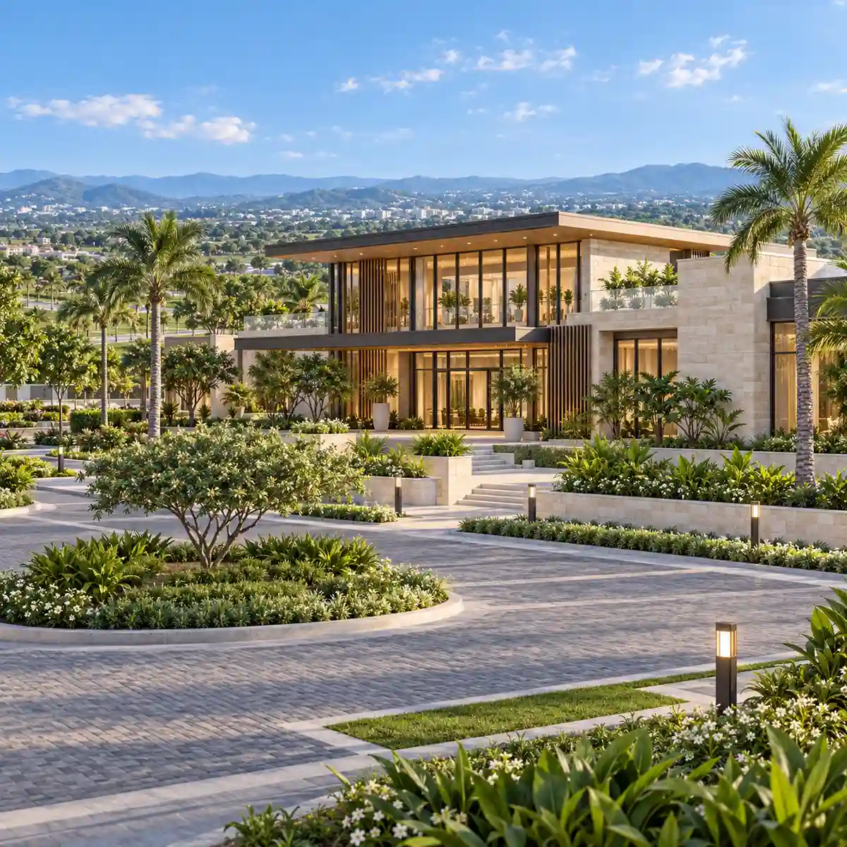 Concorde Doddaballapur glass and stone clubhouse with a terrace and landscaped driveway, artist's impression