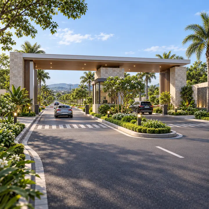 Concorde Doddaballapur gated entrance with a stone-clad canopy, landscaped median and a zebra crossing, artist's impression