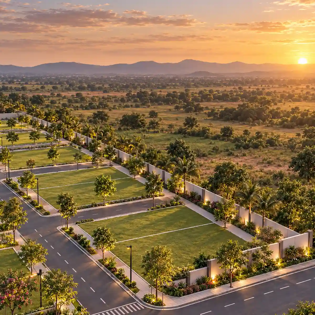 Concorde Doddaballapur plots and lit compound walls at golden hour with open land and a distant ridge beyond, artist's impression Concorde Doddaballapur plots and lit compound walls at golden hour with open land and a distant ridge beyond, artist's impression