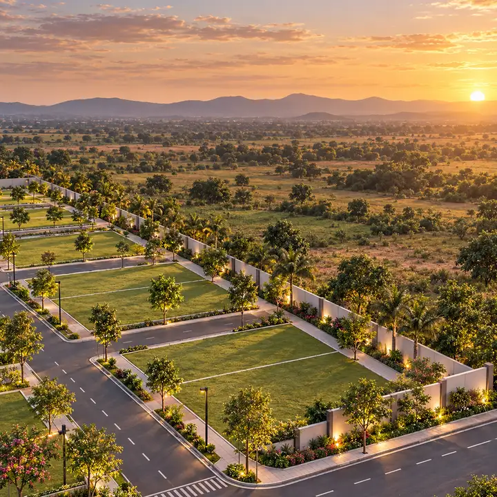 Concorde Doddaballapur plots and lit compound walls at golden hour with open land and a distant ridge beyond, artist's impression