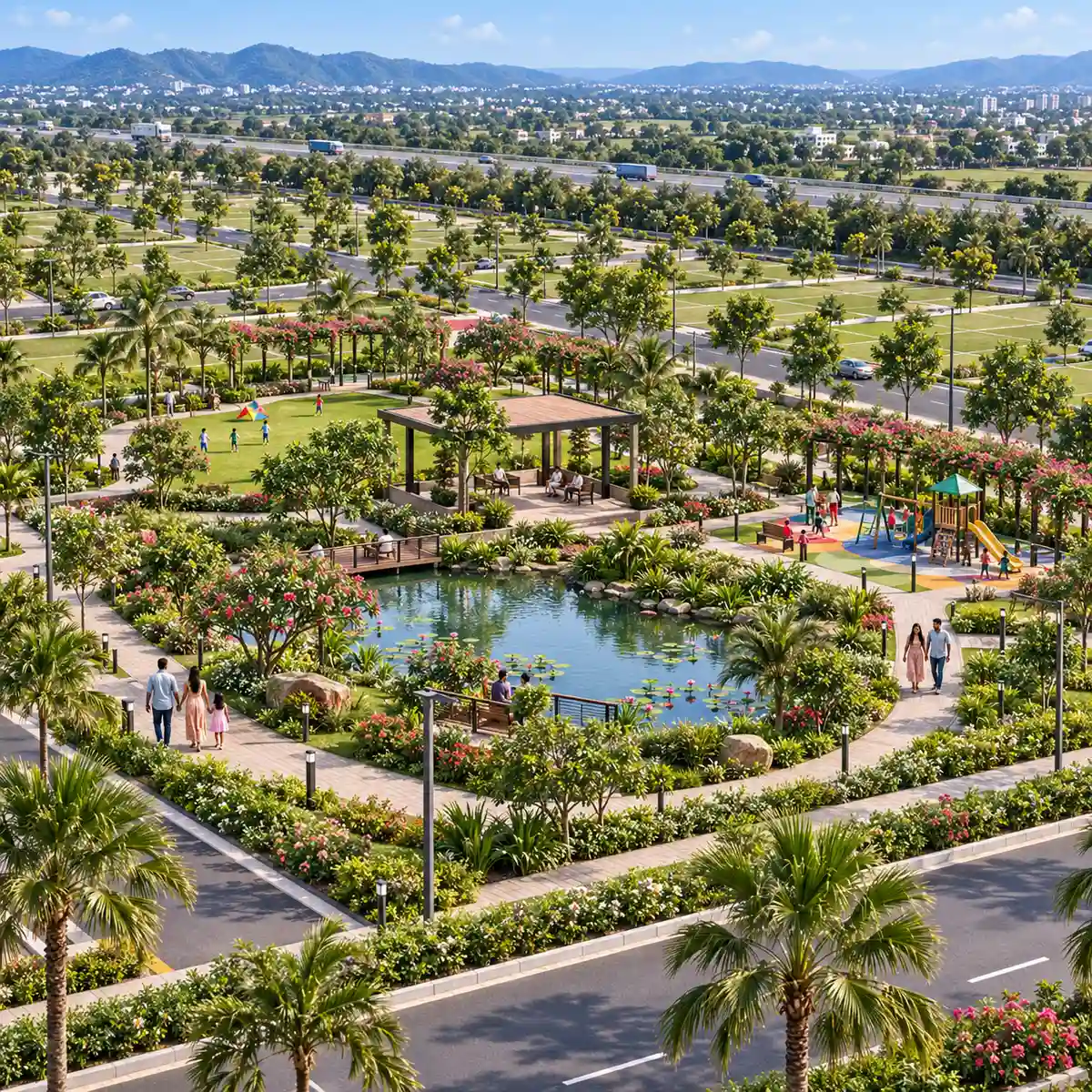 Concorde Doddaballapur themed park with a pond, a seating pavilion, a children's play corner and walkers, artist's impression