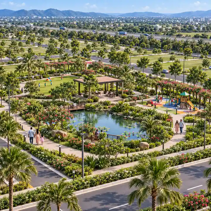 Concorde Doddaballapur themed park with a pond, a seating pavilion, a children's play corner and walkers, artist's impression