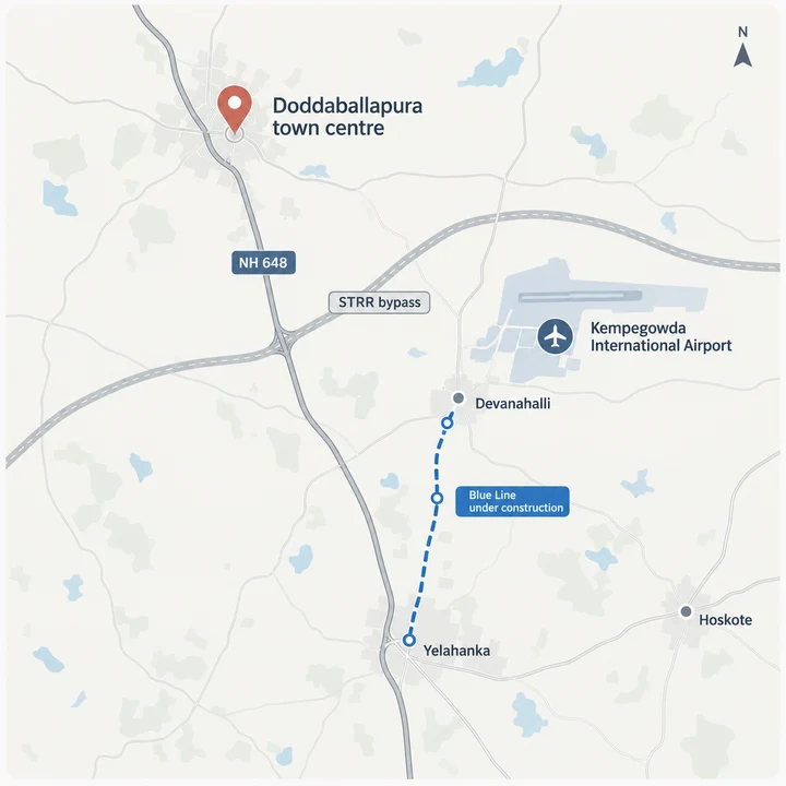 Concorde Doddaballapur location map showing Doddaballapura town centre on NH 648 with the STRR bypass, Devanahalli, the airport, Yelahanka and Hoskote marked